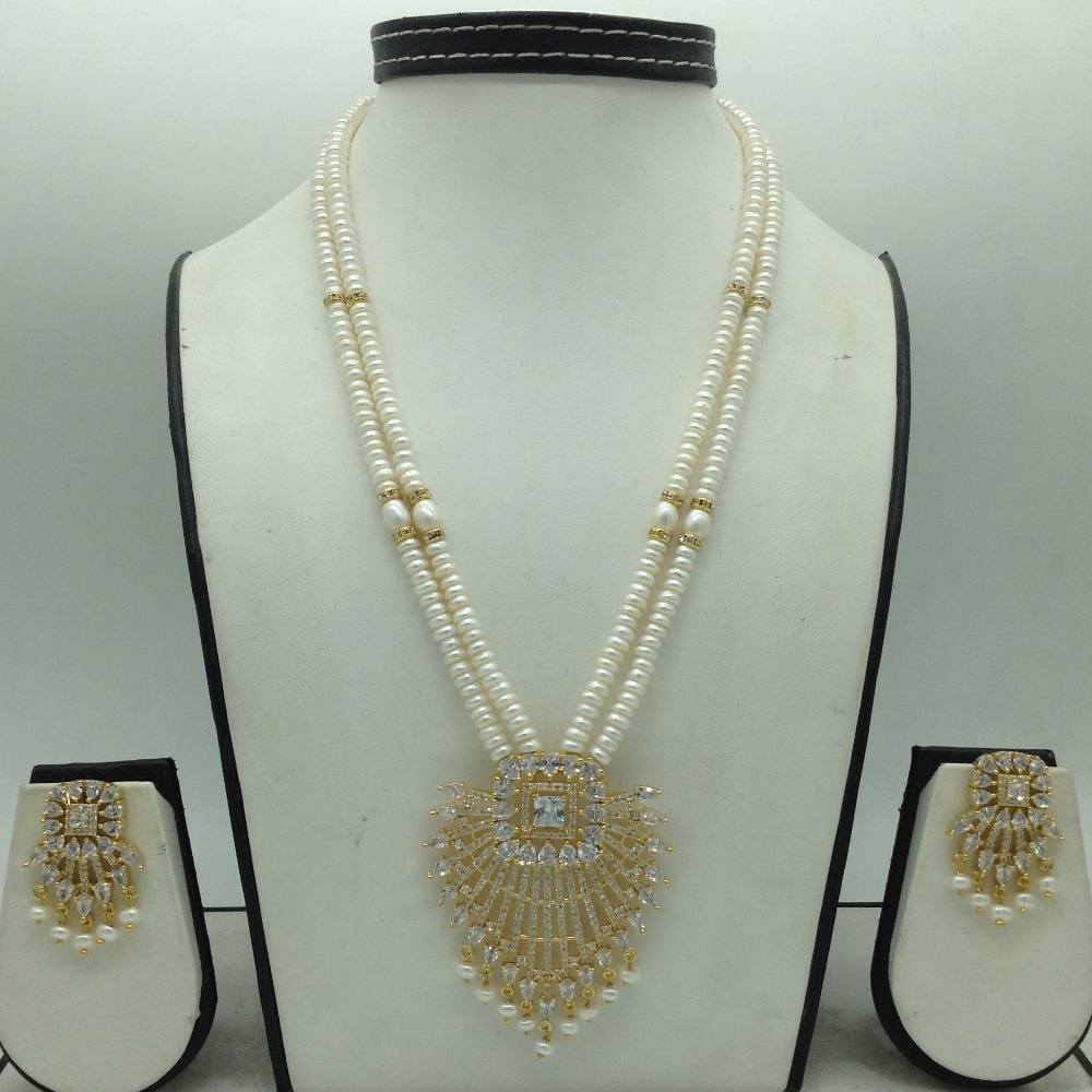White Cz Pendent Set With 2 Line White Pearls Mala JPS0852