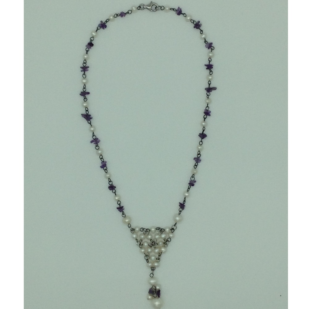 Freshwater white pearls and amethyst silver chain jnc0092