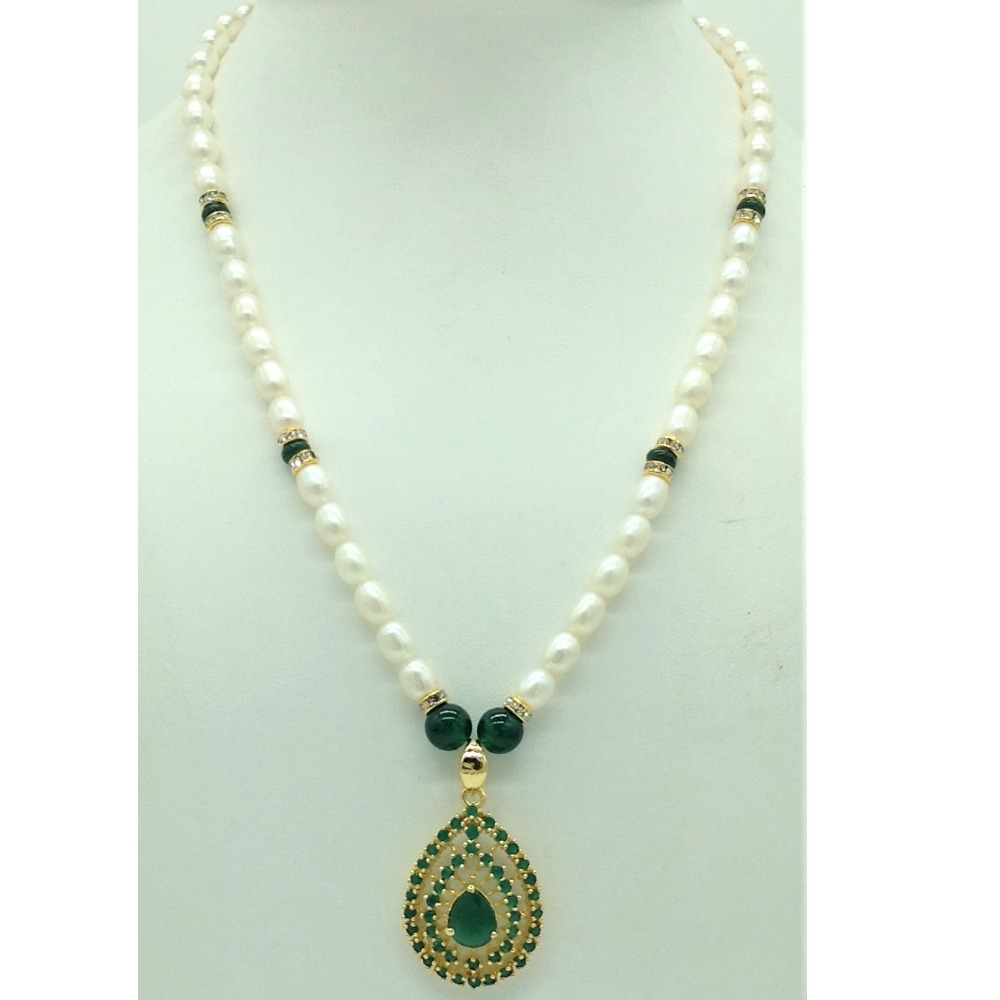 Green cz pendent set with 1 line oval pearls mala jps0676