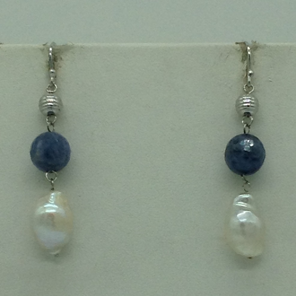 Freshwater white pearls and lapis lazuli silver necklace set jnc0080