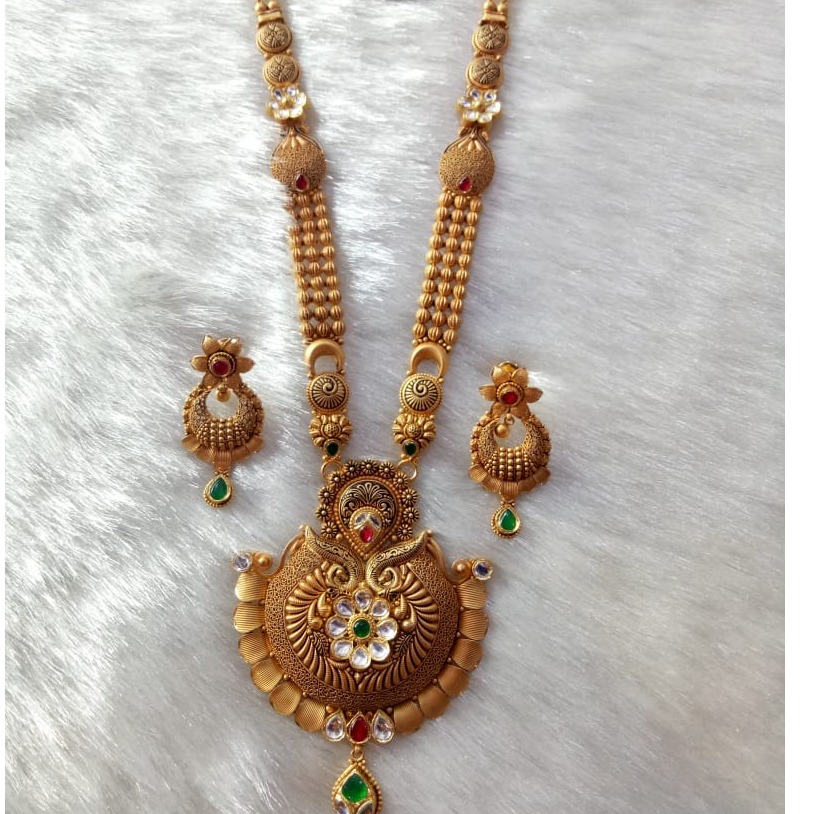 Golden (Base) Copper Gold Plated Kundan Jadtar Necklace Set, For Women
