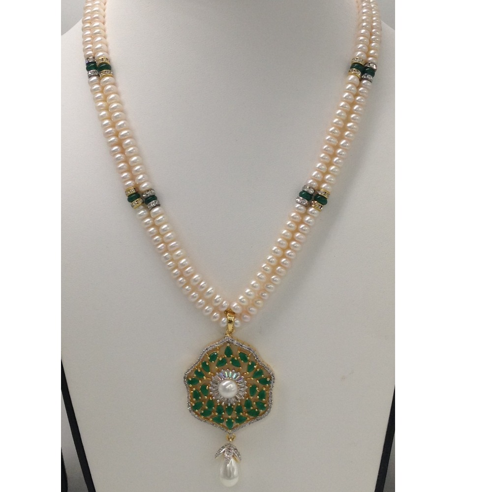 White ,green cz pendent set with 2 line flat pearls mala jps0279