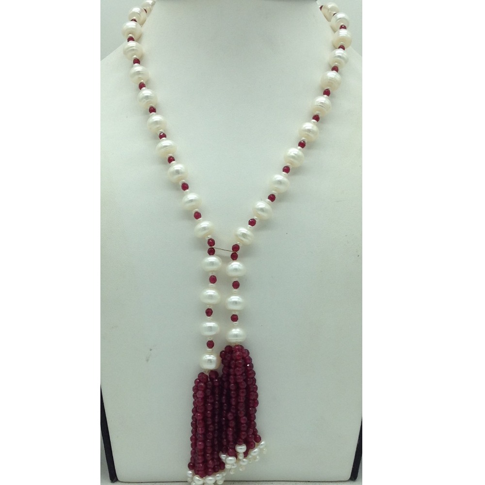 Freshwater White Flat Pearls with Red Beeds Tussles Set JPP1090