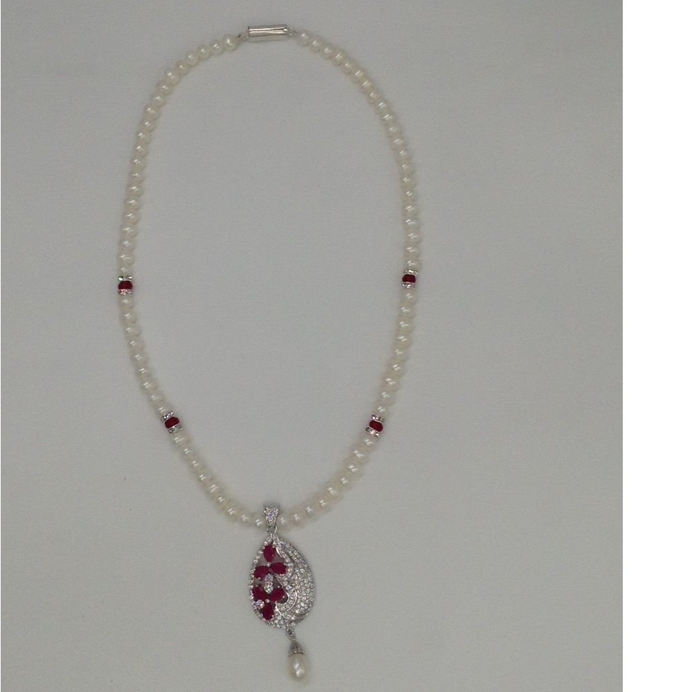 White;red cz pendent set with potato pearls mala jps0019