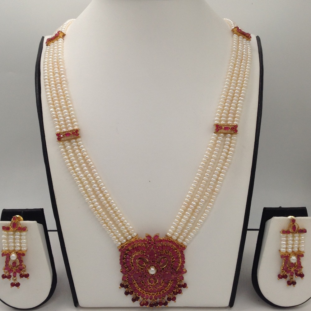 Red cz and pearls ranihaar set with 4 lines flat pearls jps0492