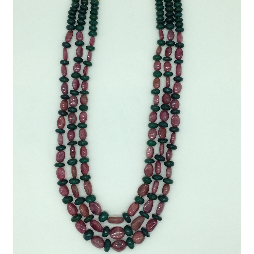 Green Bariels Round and Red Ruby Oval Beeds 3 Layers JSS0170