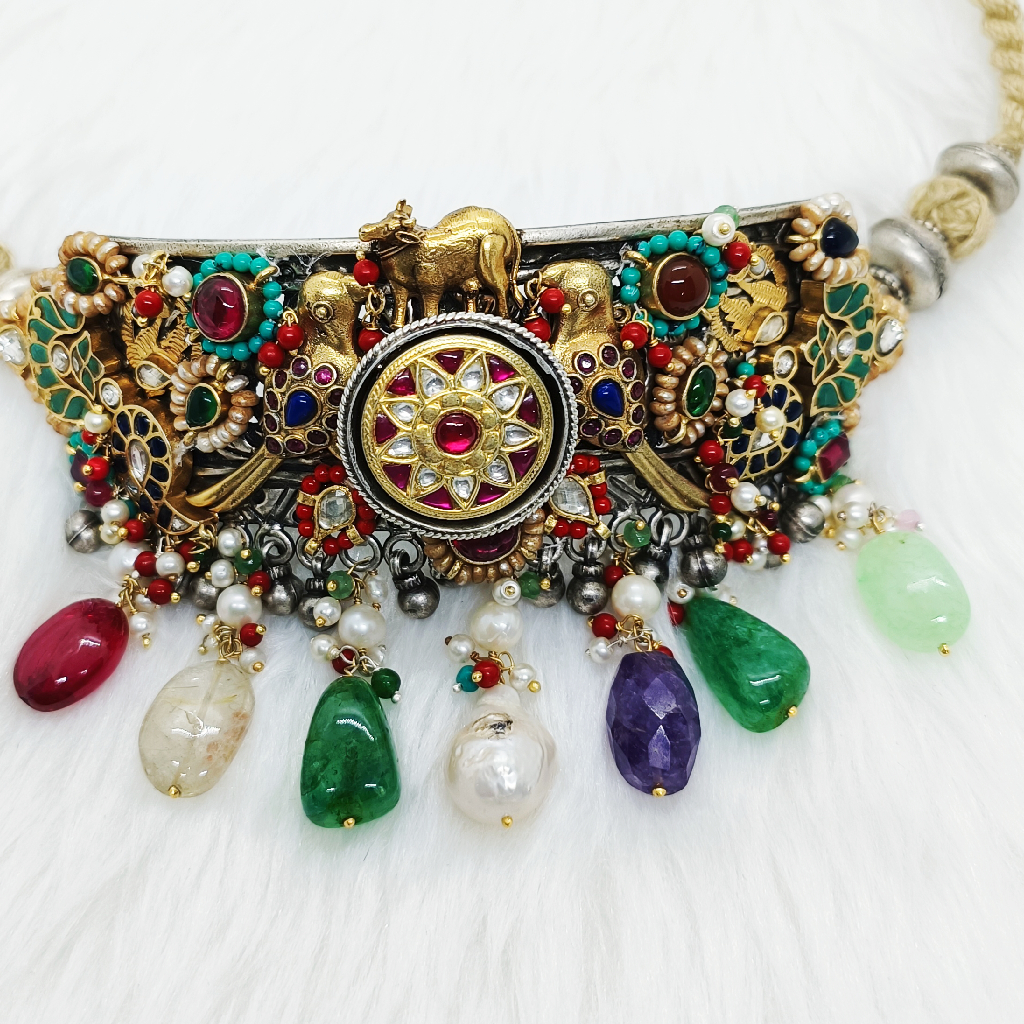 Nakhra necklace in vintage silver with gems stone multi colour
