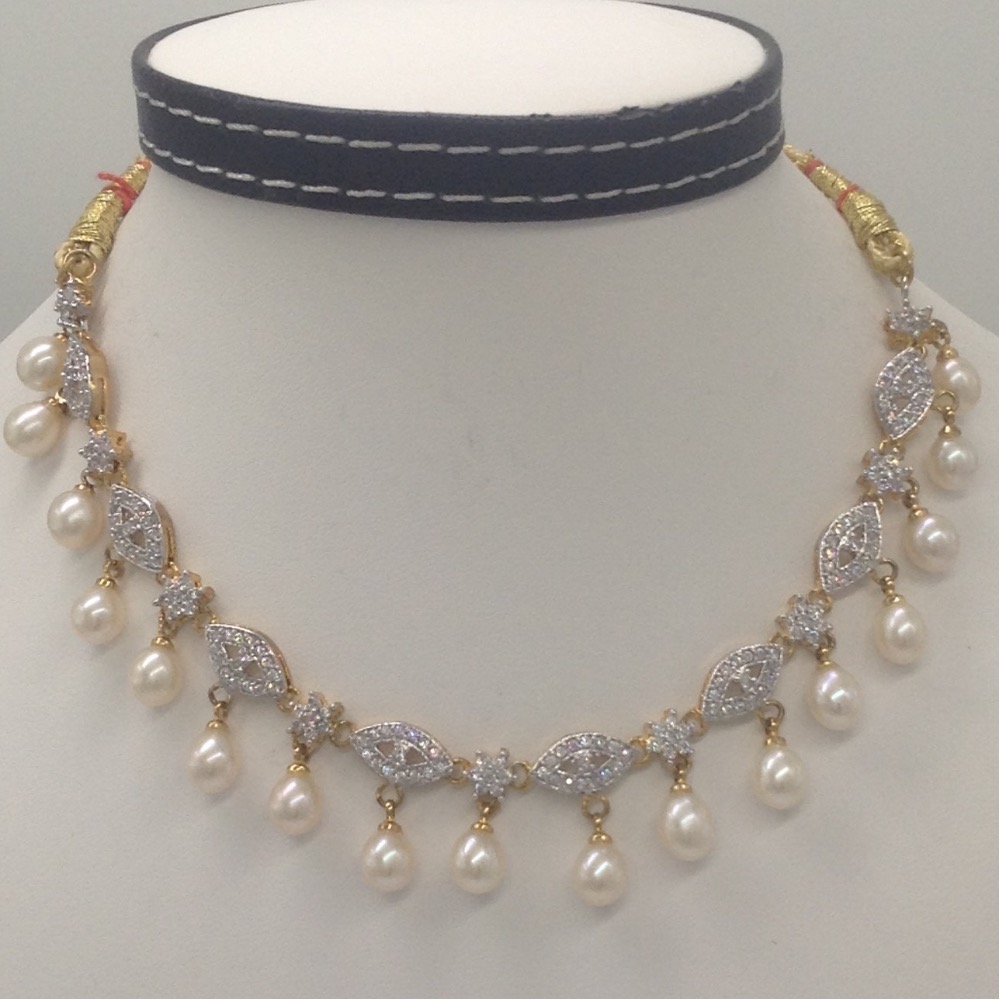 White cz stones and freshwater tear drop pearls necklace set jnc0061