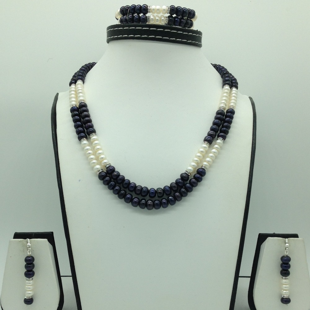 Freshwater Black and White Flat 2 Line Pearls Necklace Set JPP1069