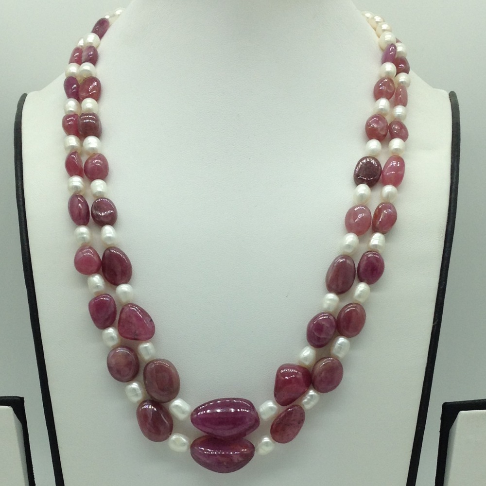 White pearls with red ruby oval 2 layers necklace jpm0492