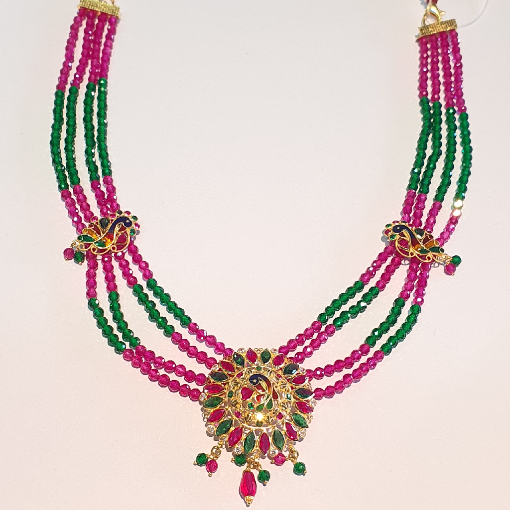 18.k Green And Red Moti Ma Peacock Design Necklace