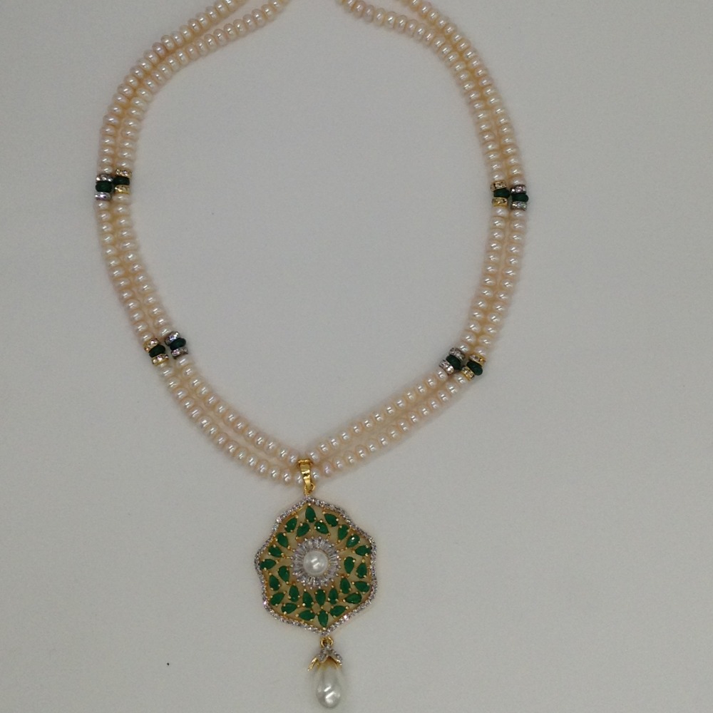 White ,green cz pendent set with 2 line flat pearls mala jps0279