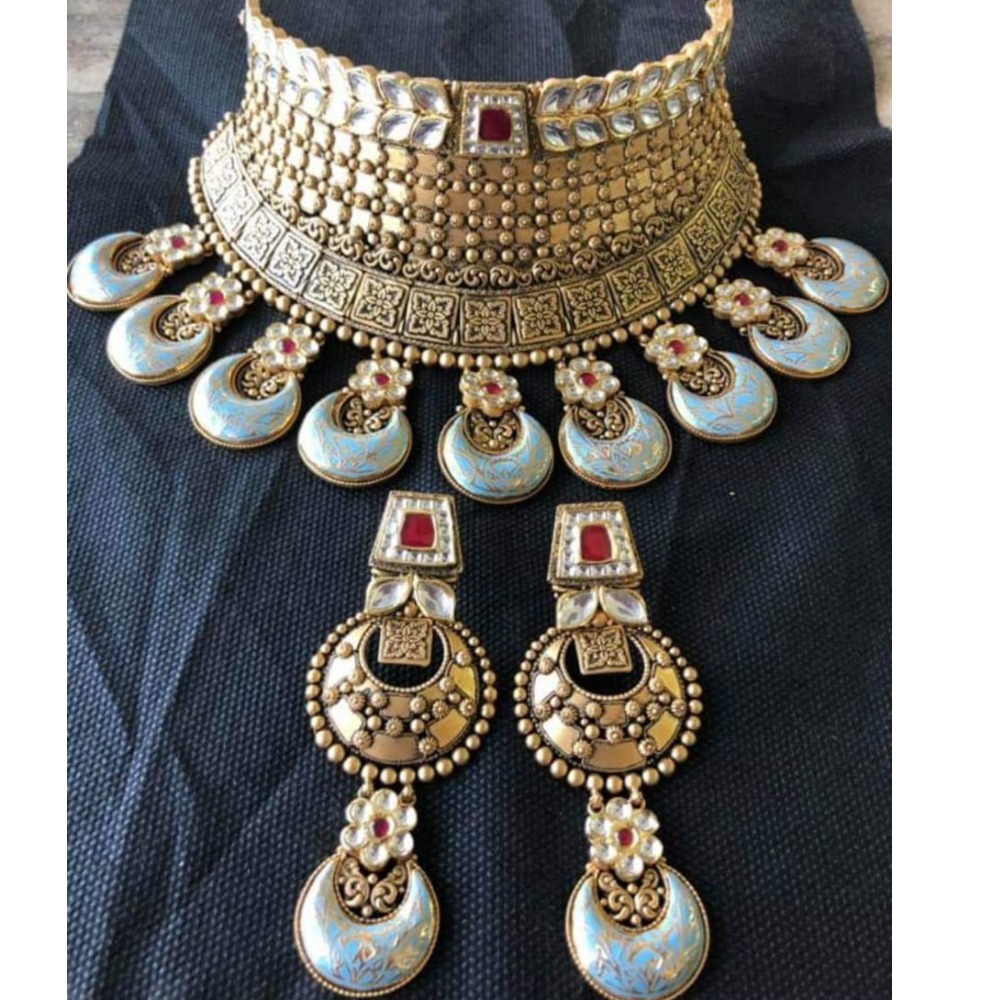 916 Gold jadtar meenakri choker Bridal Necklace Set