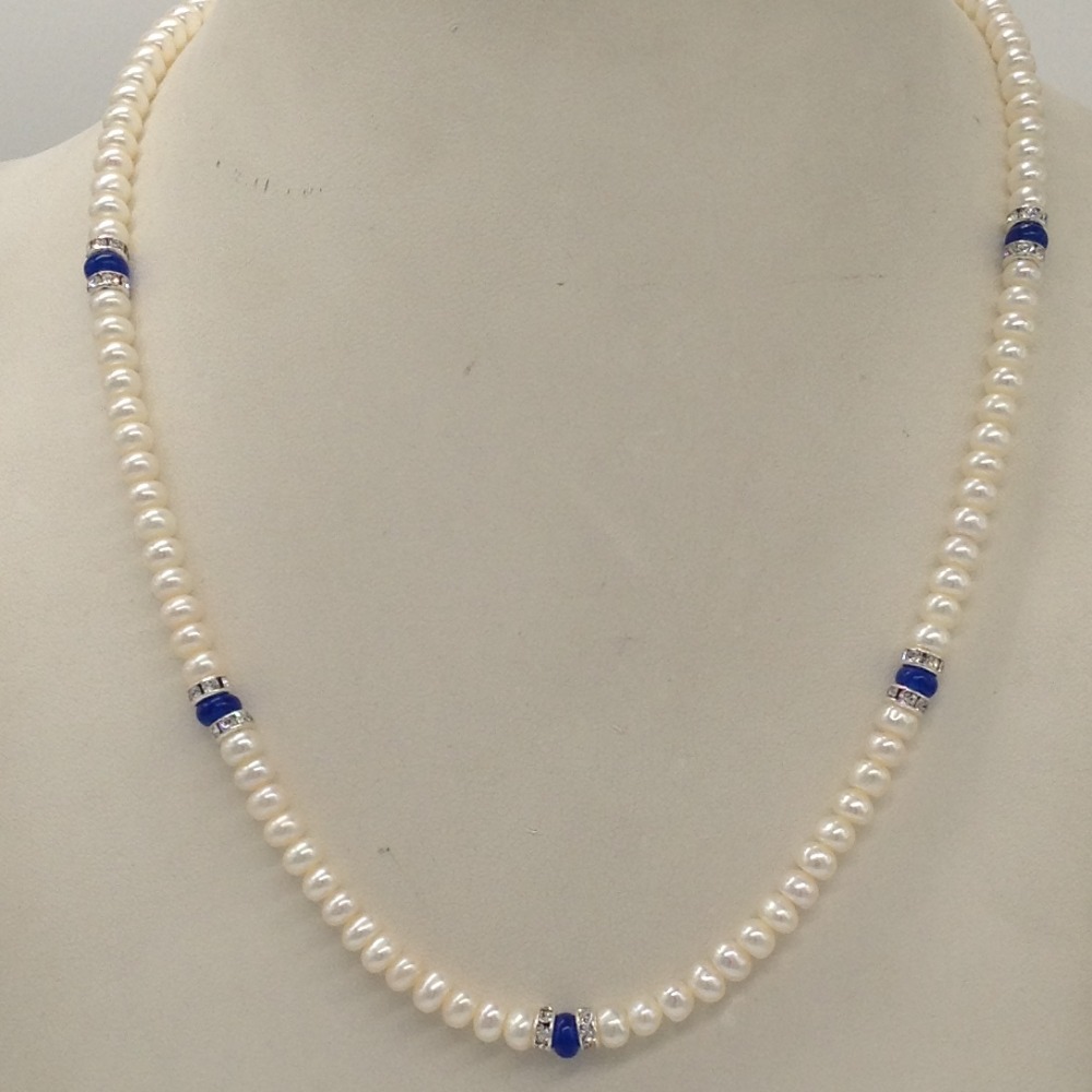 White Flat Pearls Single Layer Mala With Blue Semi Beeds JPM0349