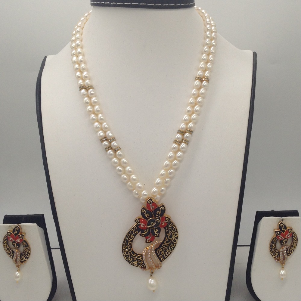 White cz And enamel pendent set with 2 line oval pearls jps0325