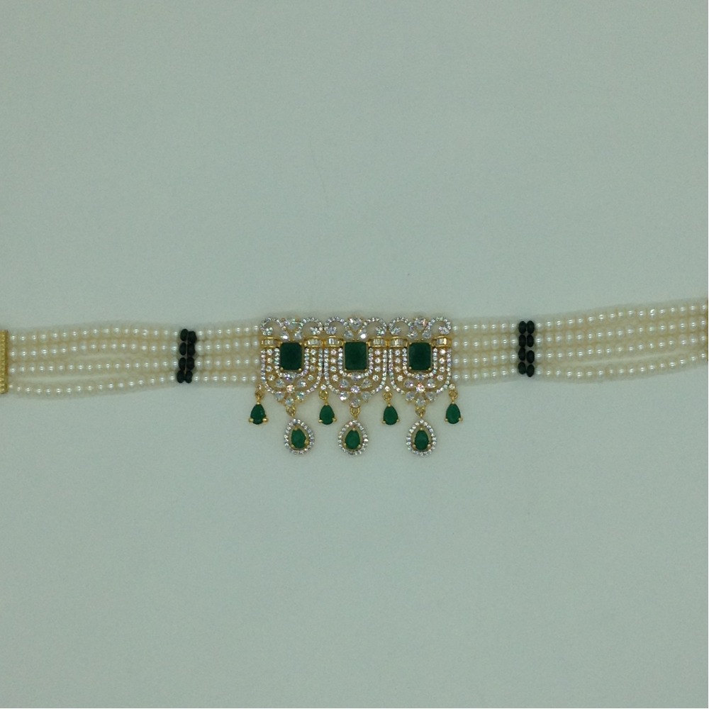 White and green cz choker set with 4 line flat pearls mala jps0623