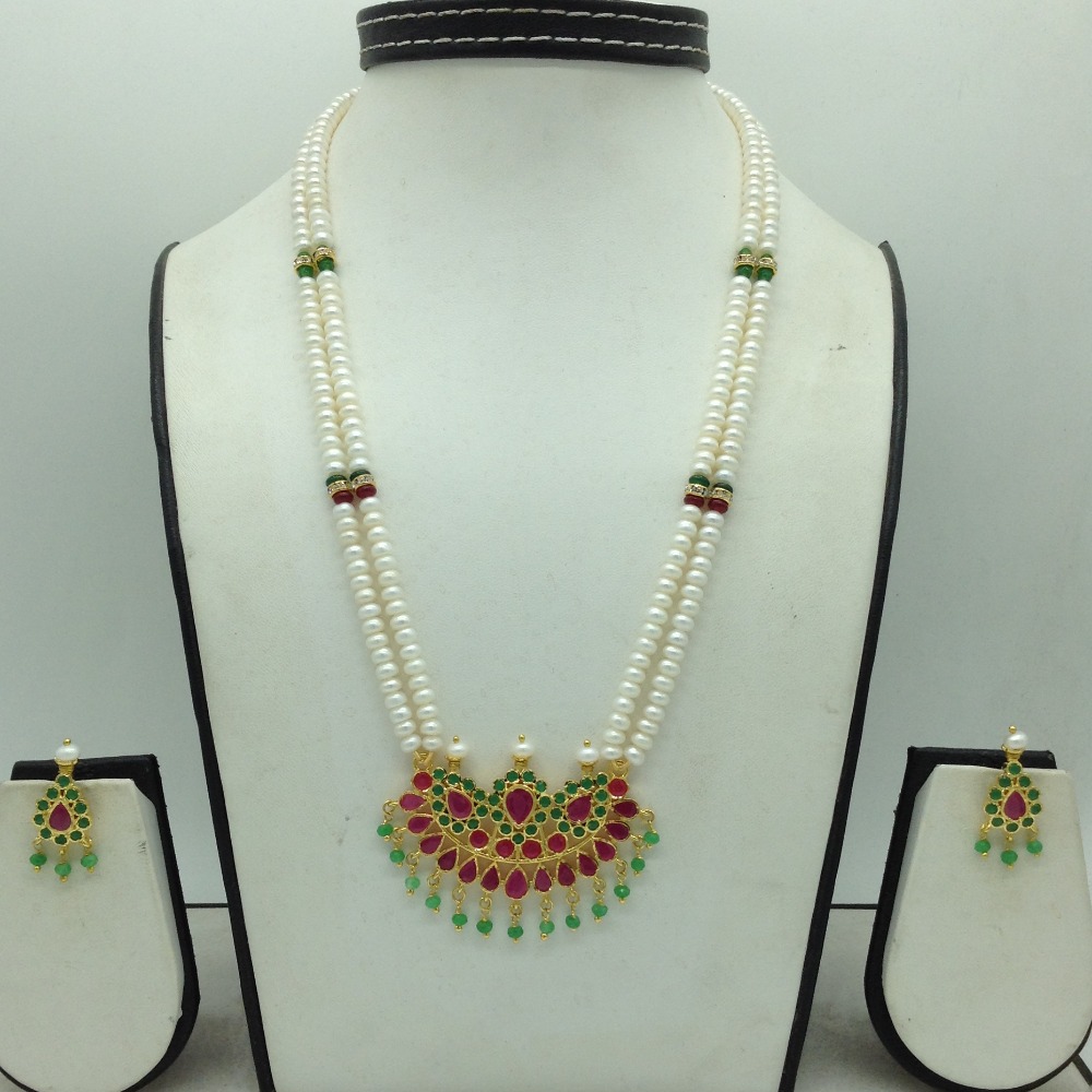 Buy quality Red,Green Cz Pendent Set With 2 Line White Pearls Mala ...