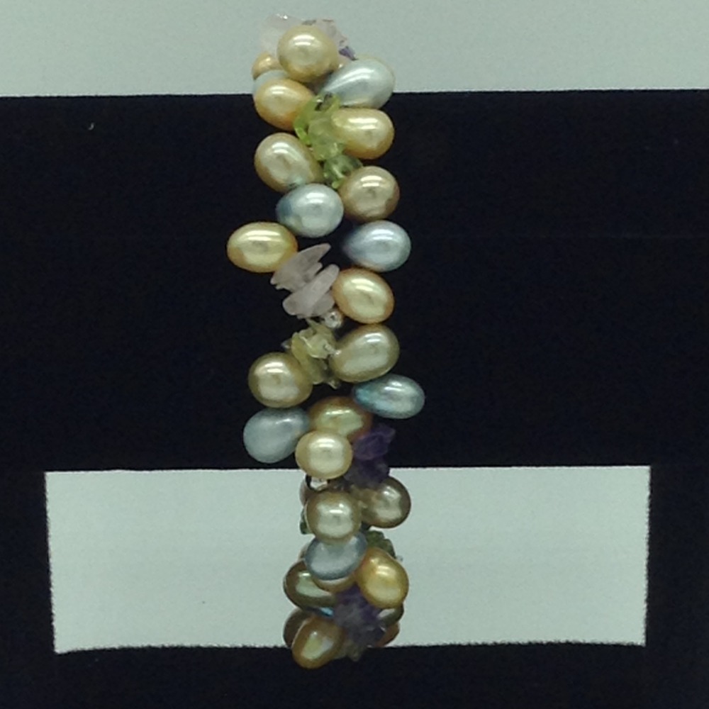 Golden And Blue Drop Pearls With Semi Beeds 2 Layer Elastic Twisted Bracelet JBG0169
