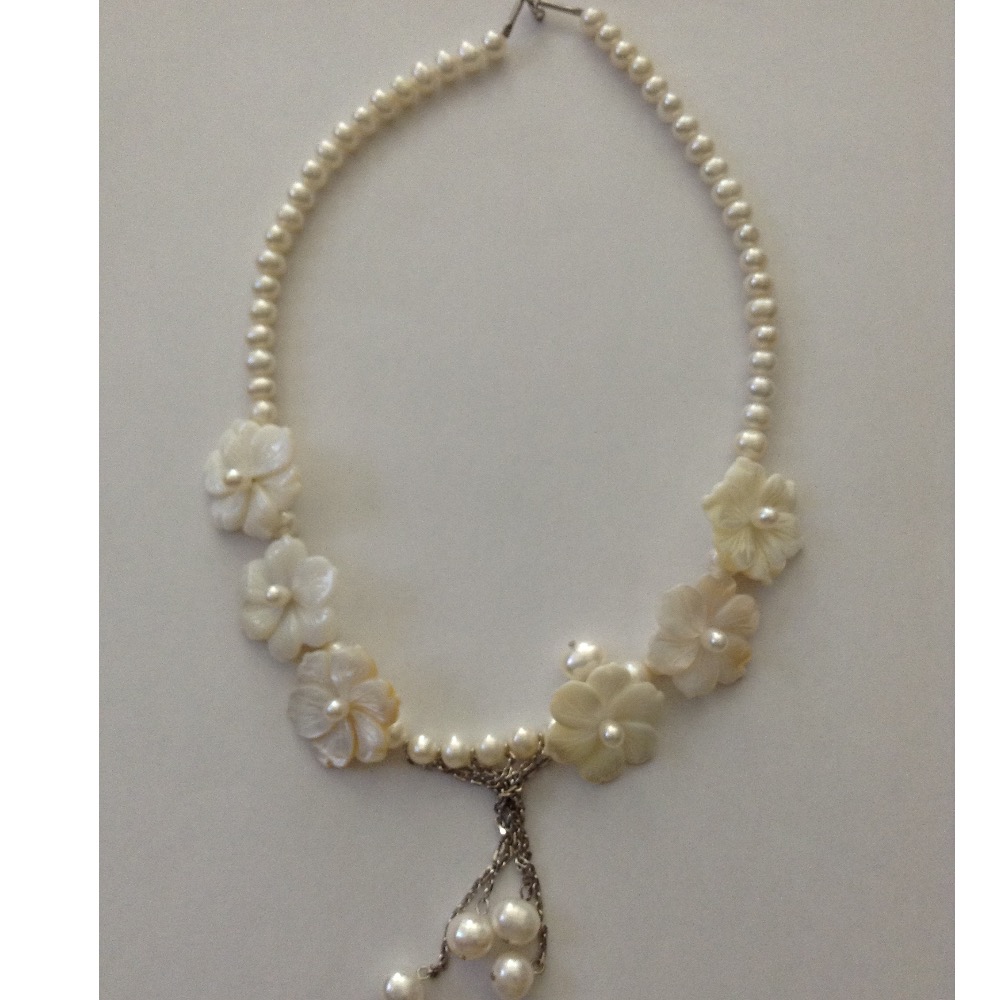 Freshwater White Potato Pearls mala with mother of Pearl Flowers