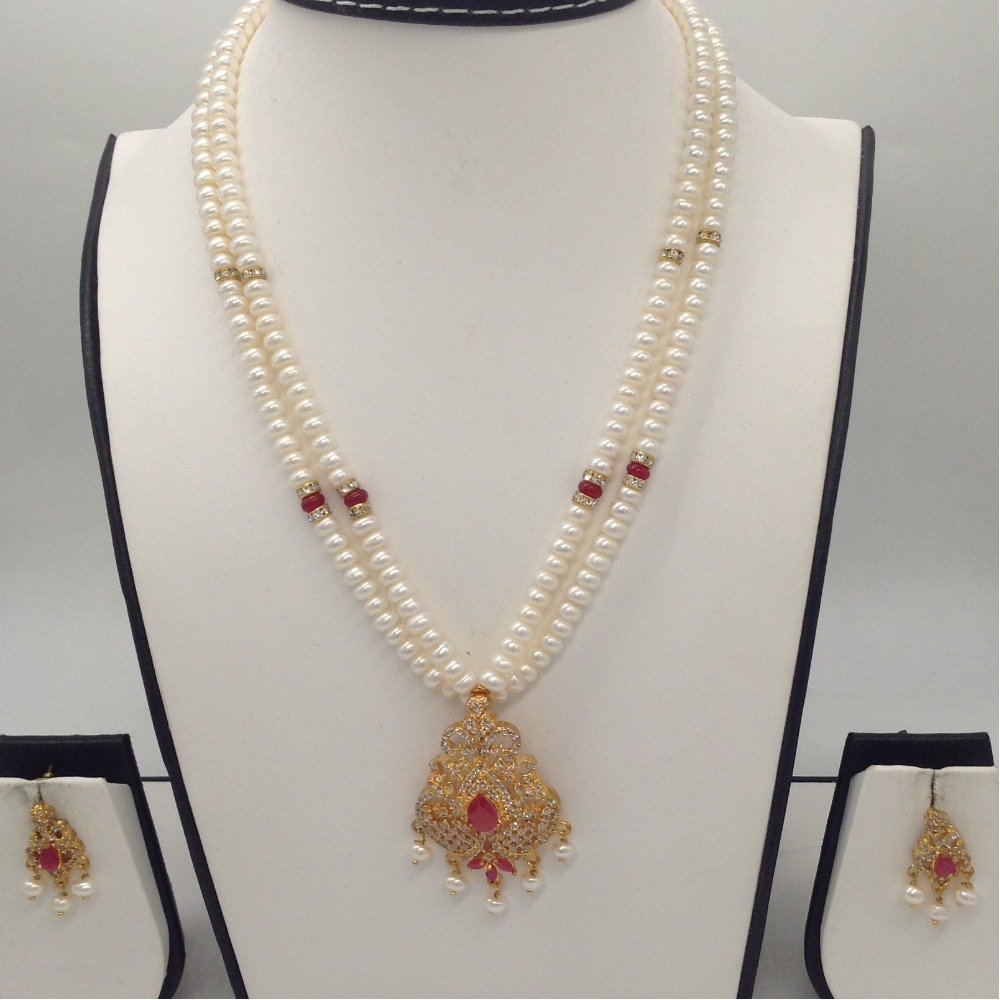 White, red cz pendent set with 2 line flat pearls jps0287