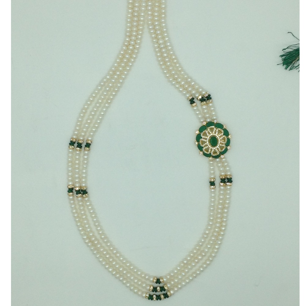 White,green cz broach set with 3 line pearls mala jps0787