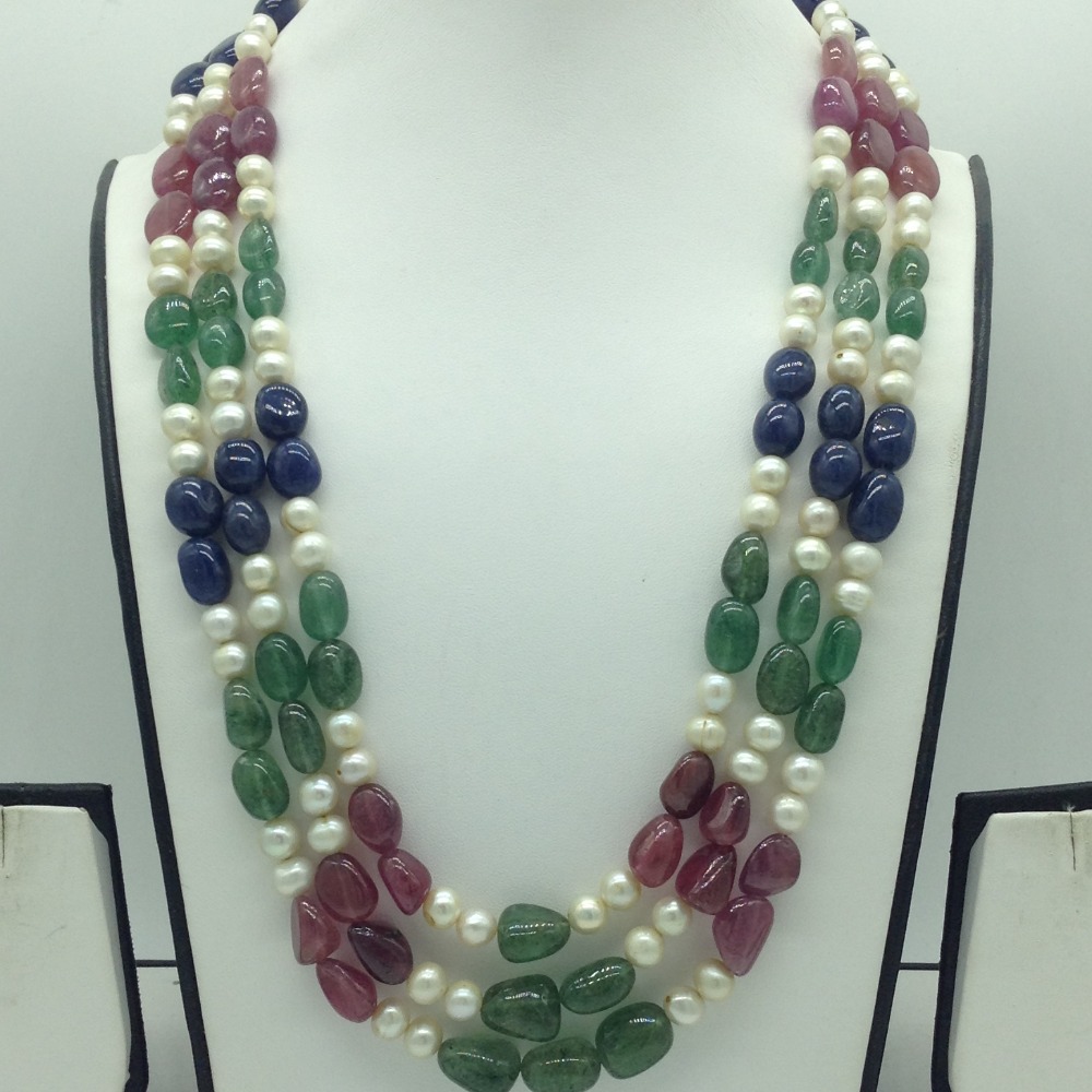 Natural Multi Beeds and Pearls 3 Line Necklace JSS0192