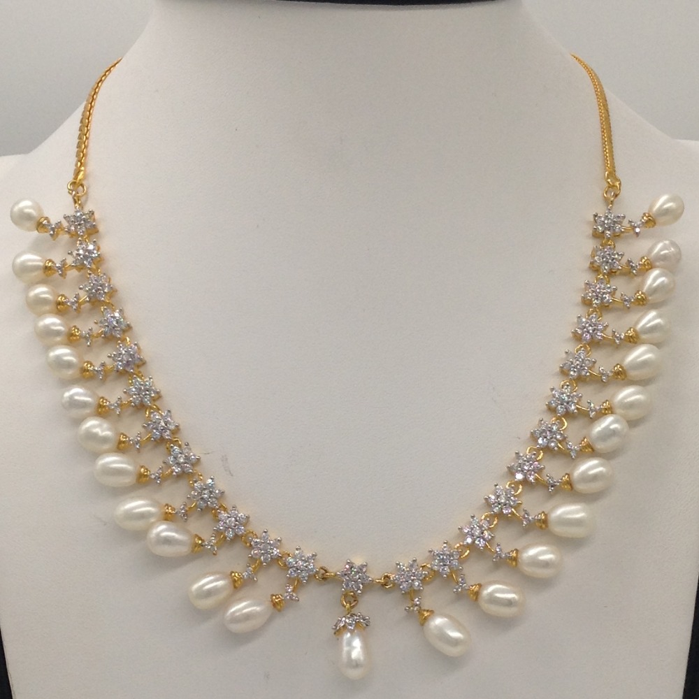 White CZ Stones And Freshwater Tear Drop Pearls Necklace Set JNC0064