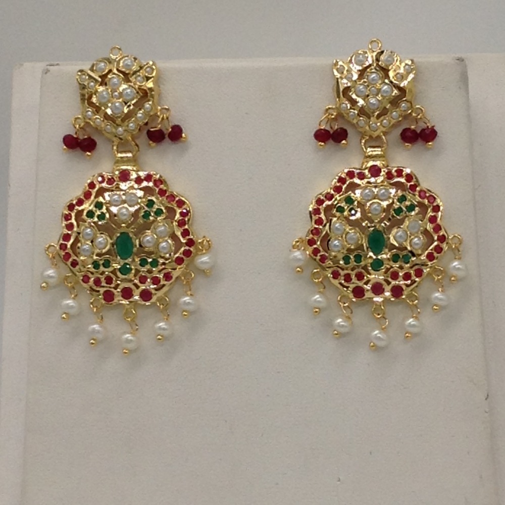 Red, Green CZ And Pearls Amritsar Patti Haar Set With 4 Lines Flat Pearls Mala JPS0468