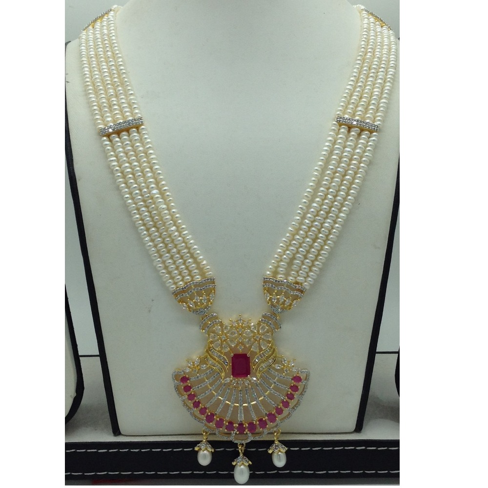 White,Red CZ Ranihaar Set With 5 Line White Pearls Mala JPS0855