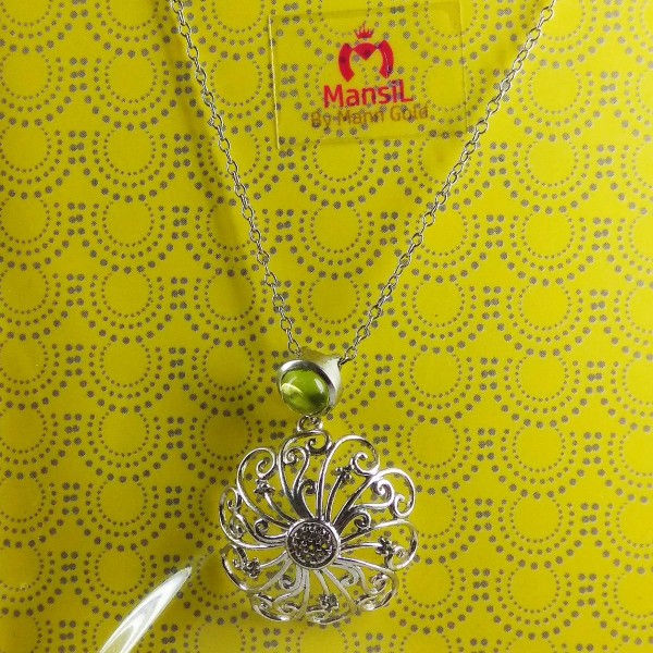 light weight fancy 925 sterling silver chain set flowered with green stone