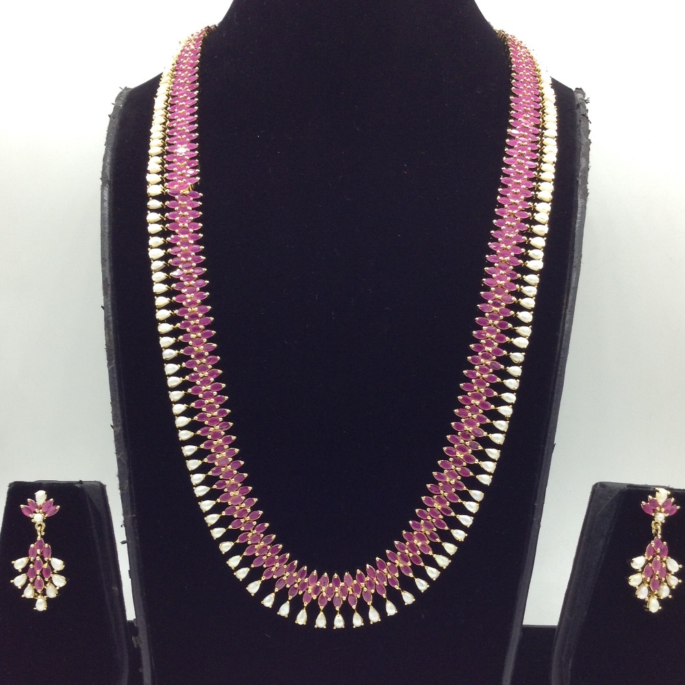 Red CZ and White Pearls Long Necklace Set JNC0231