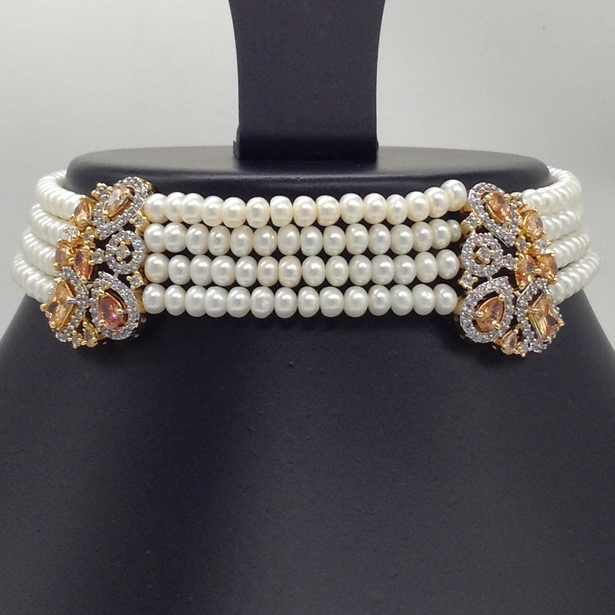 White And Golden CZ Choker Set With 4 Line Flat Pearls Mala JPS0525