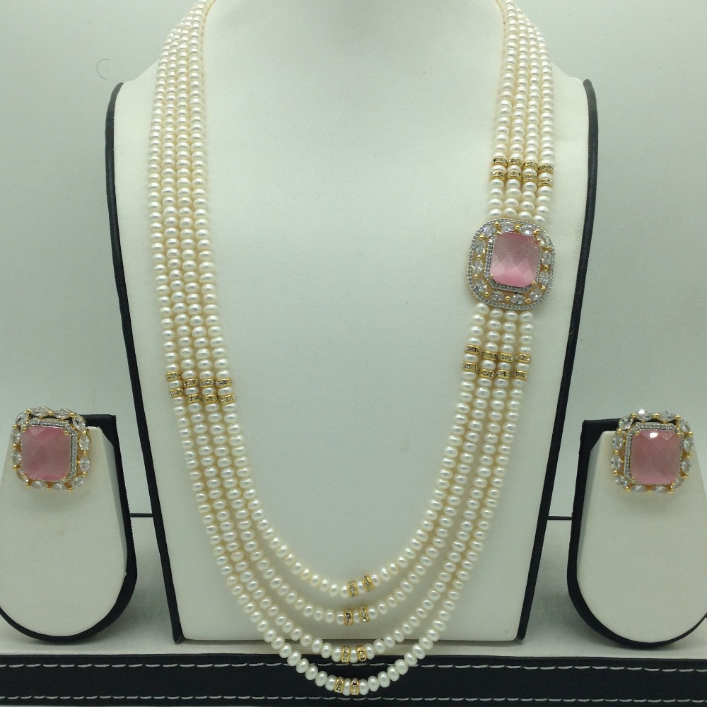 White,Pink CZ Broach Set With 4 Line Pearls Mala JPS0798