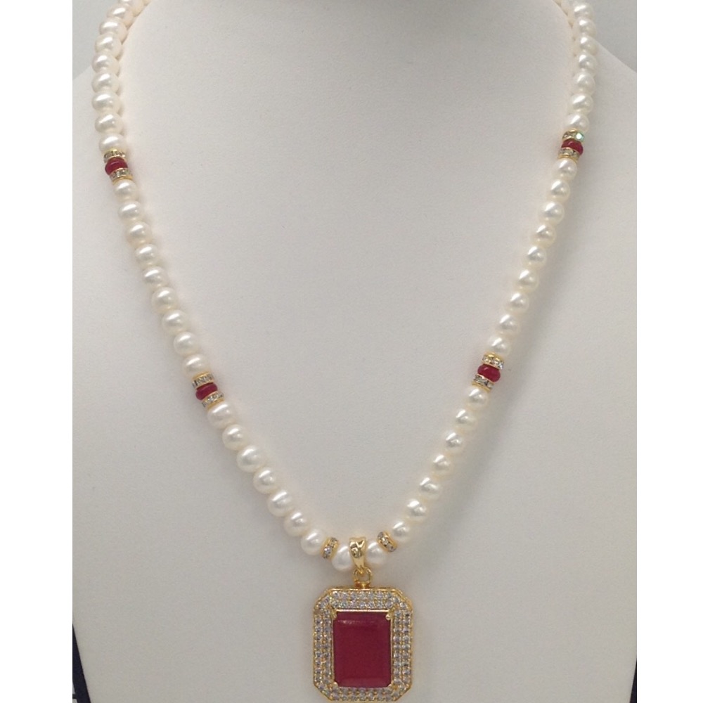 White;red cz pendent set with potato pearls mala jps0131