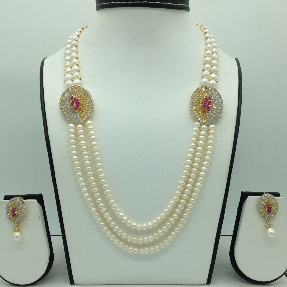Red And White CZ Broach Set With 3 Line Flat Pearls Mala JPS0659