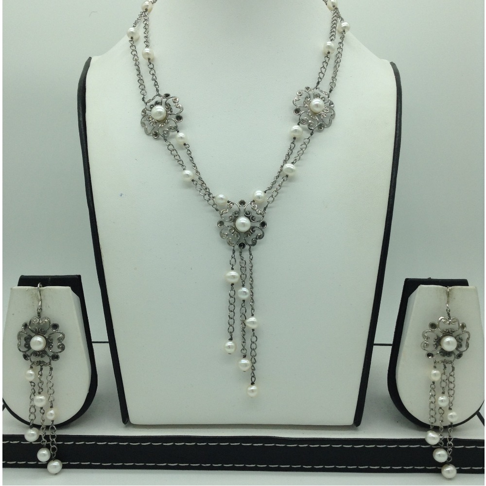 Freshwater white pearls silver necklace set jnc0065