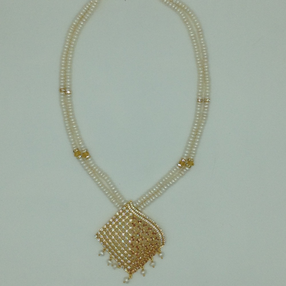 White Cz Pendent Set With 2 Line White Pearls Mala JPS0850