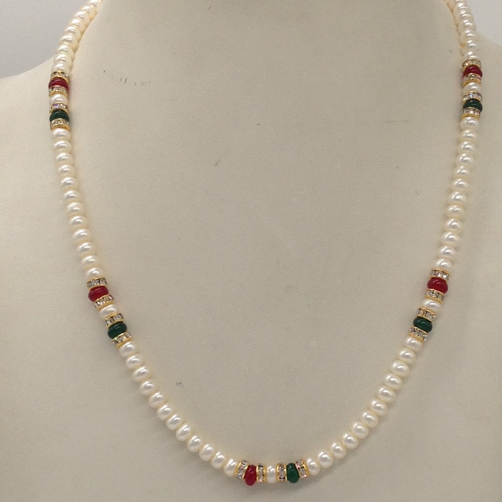 White flat pearls mala with cz chakri and red, green beeds jpm0346