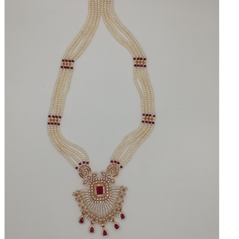 White;red cz ranihaar set with 4 lines flat pearls jps0455