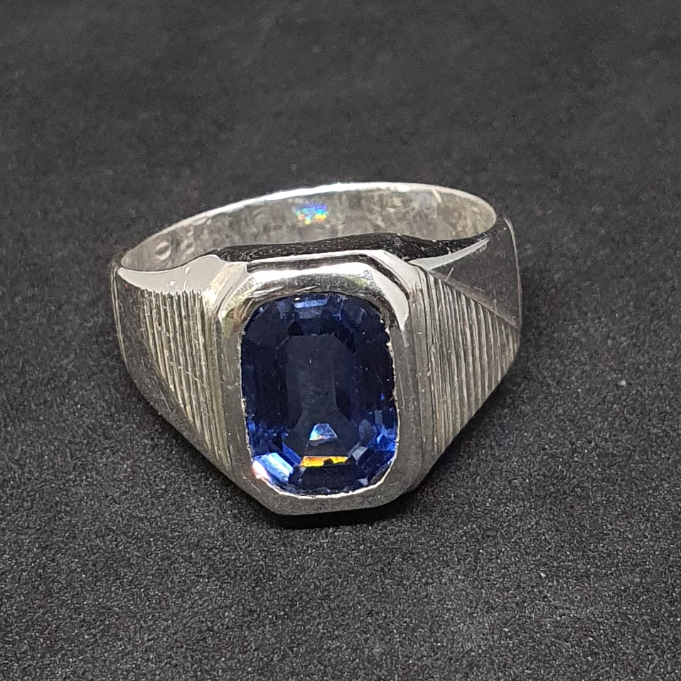 Cushion 3-Stone Engagement Ring with Blue Sapphire
