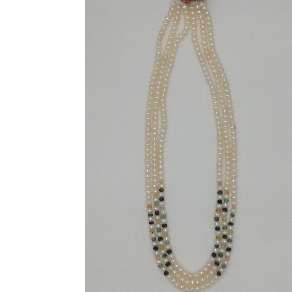 Freshwater White Flat Pearls 3 Layers Necklace With Faceted BlueSapphire, Yellow Sapphire and Green Emerald Round Beeds JPM0199