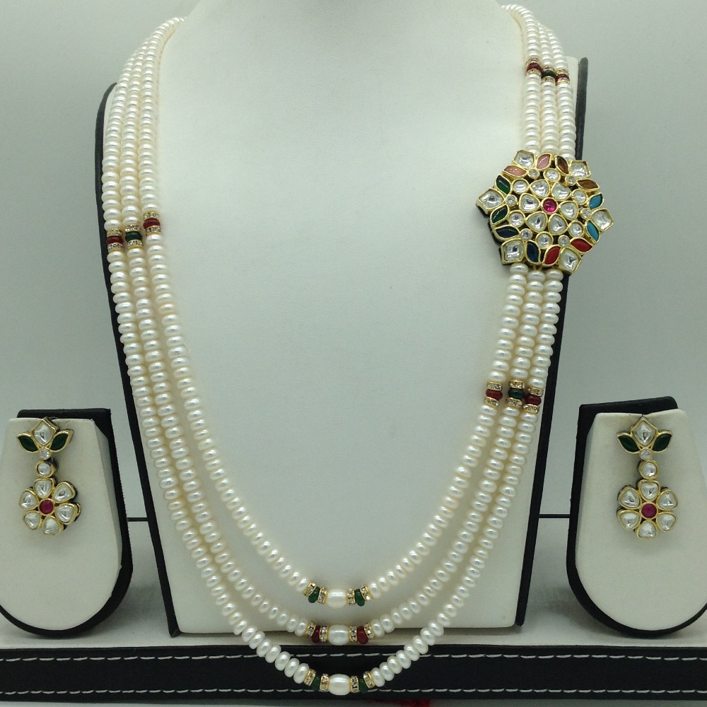 Navratan Kundan Broach Set With 3 Line White Pearls Mala JPS0866