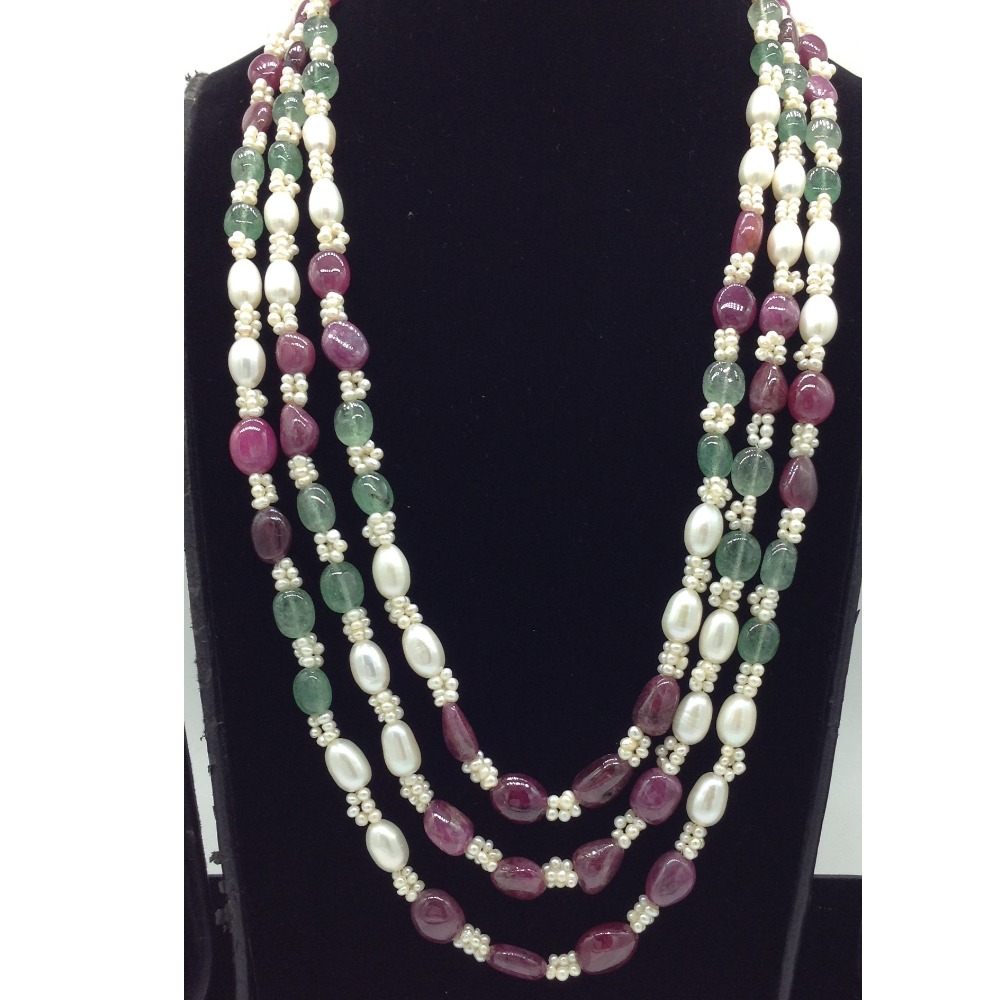 White Oval Pearls with Red,Green Beeds 3 Layers Mala JPM0528