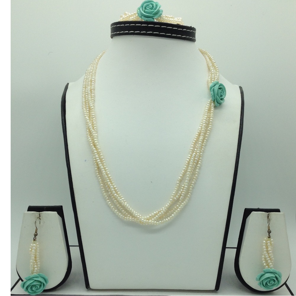 Freshwater White Seed Pearls And Turquoise Flower Broach Set JPP1075