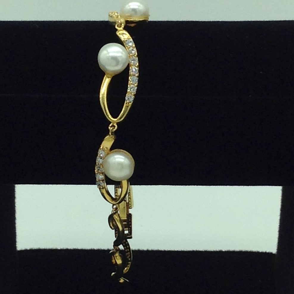 White Button Pearls And White CZ Golden Alloy Chain Bracelet JBG0206