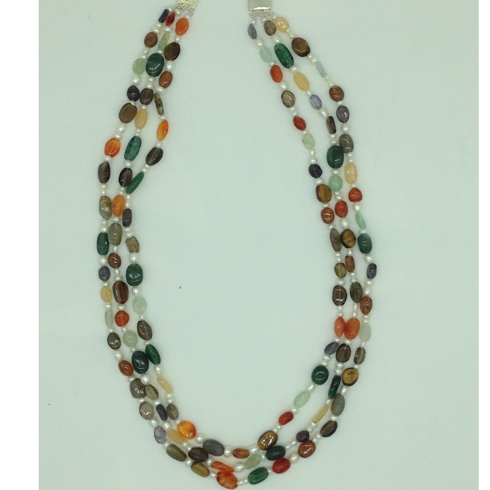 White Pearls with Multicolour Semi Precious Beeds Necklace JPM0489