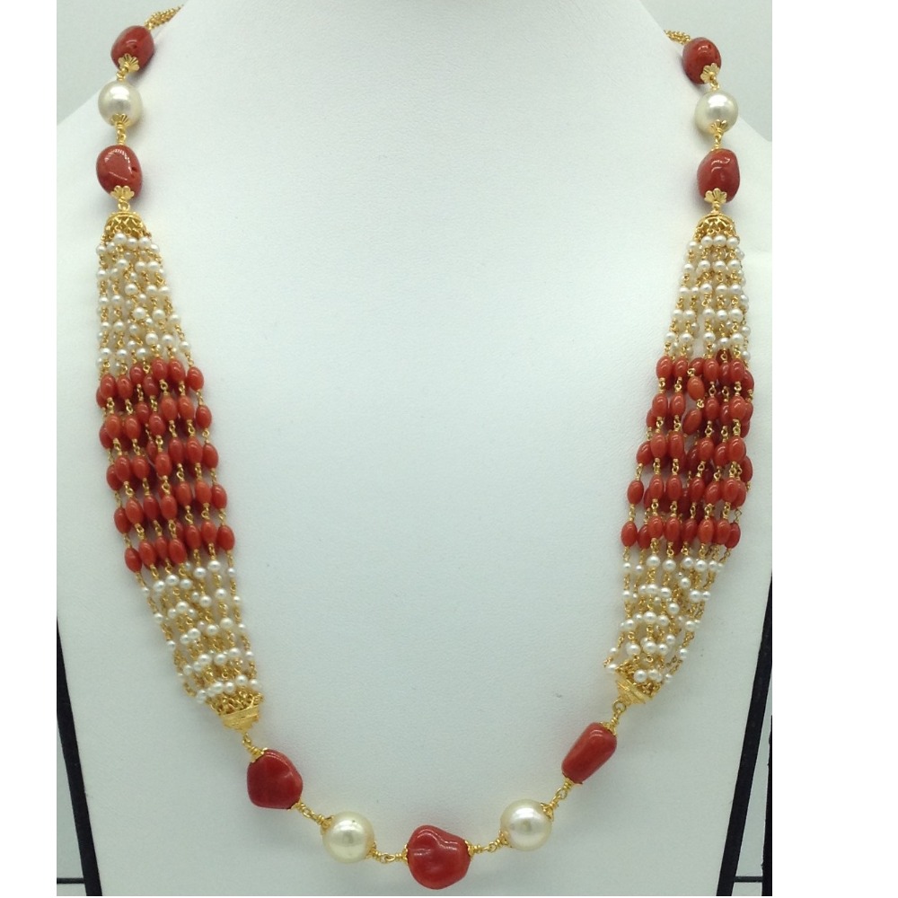 South Sea Pearls Coral Oval Tumbles Gold Taar Necklace Set JGT0015