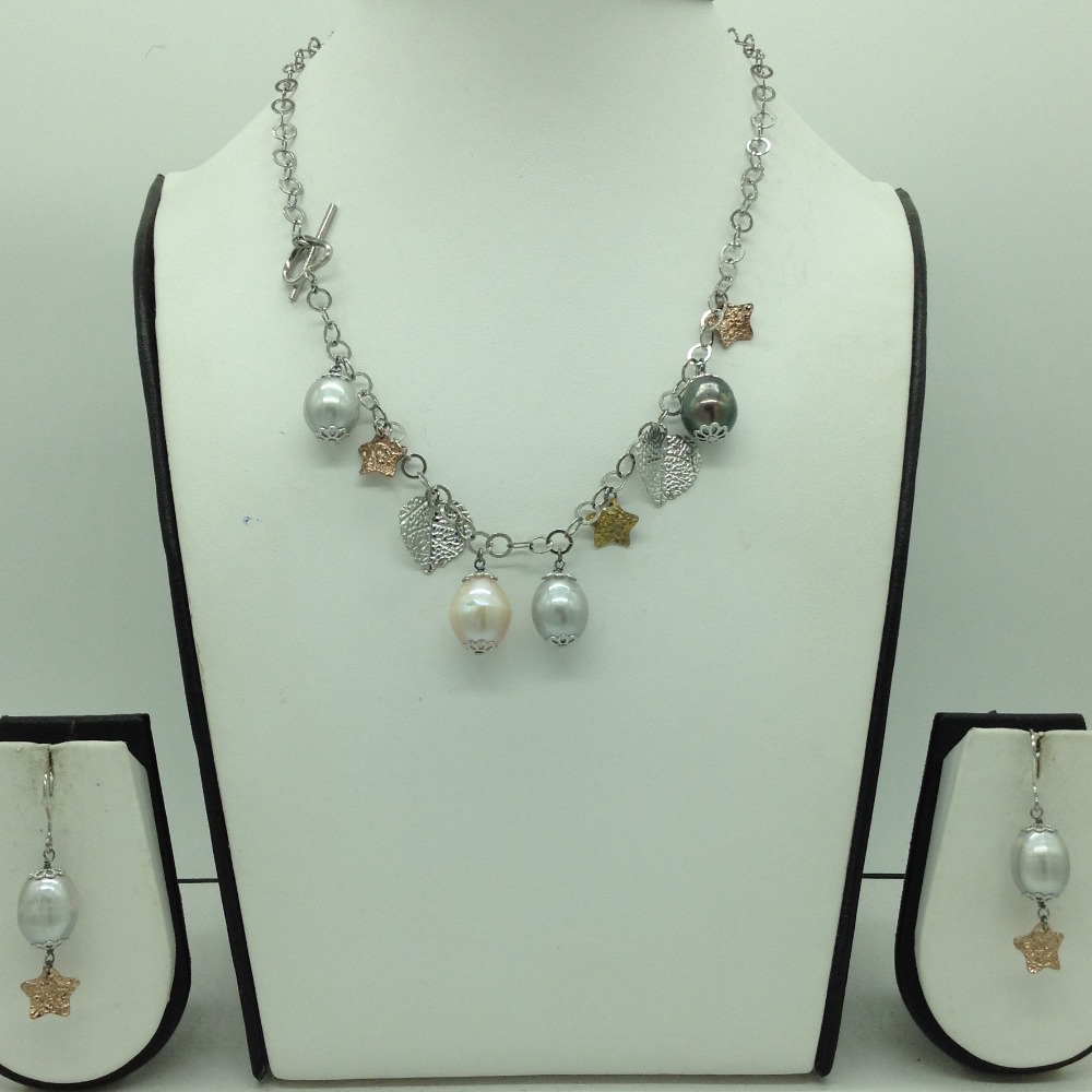 Freshwater drop pearls and charms silver chain set jnc0096