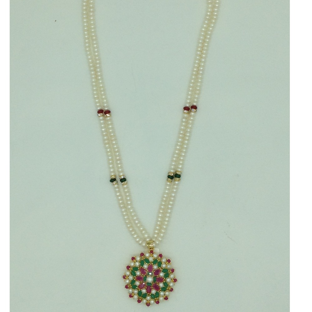 Tricolour cz pendent set with 2 line flat pearls mala jps0640