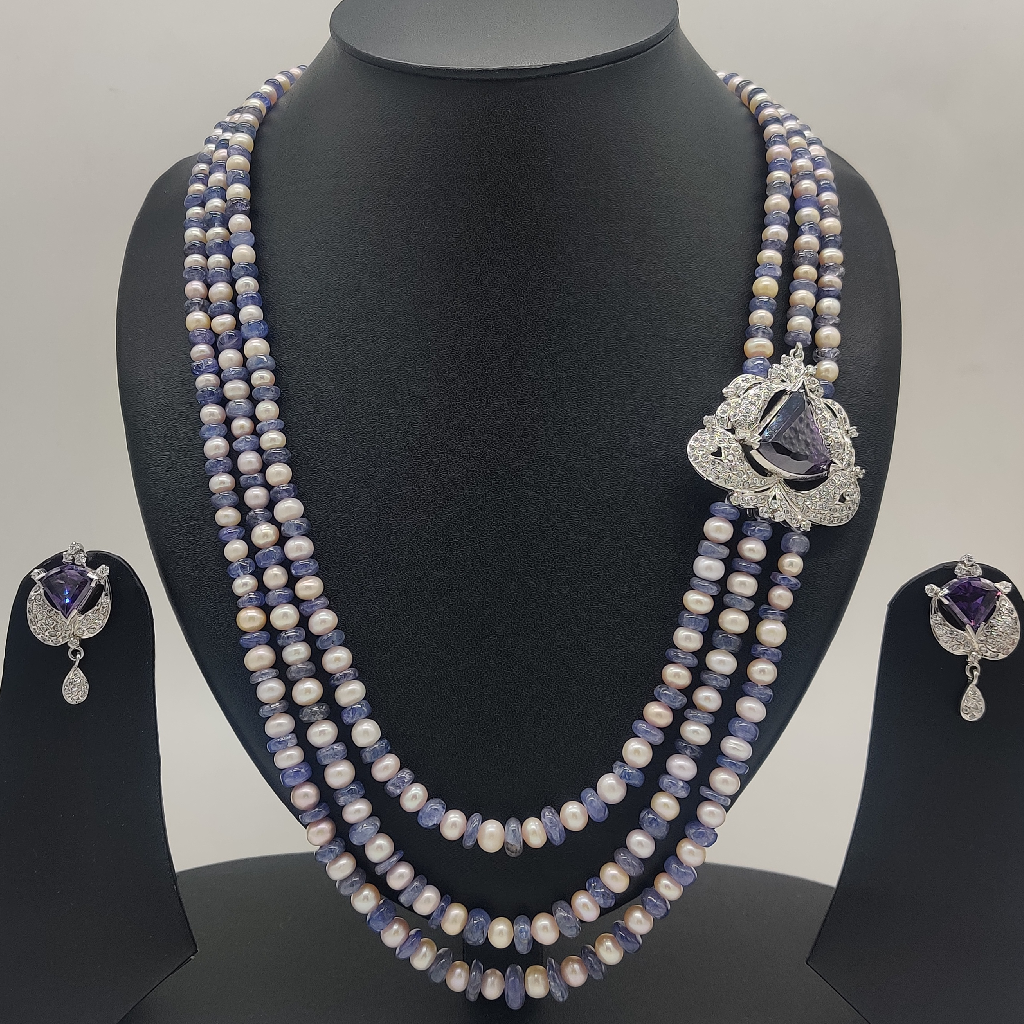 White Blue Cz Broach Set With 3 Layers Pearls JPS1009